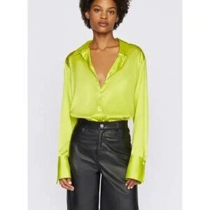 Frame The Standard Silk Shirt Button Down Blouse in Flash Lime Green Neon S